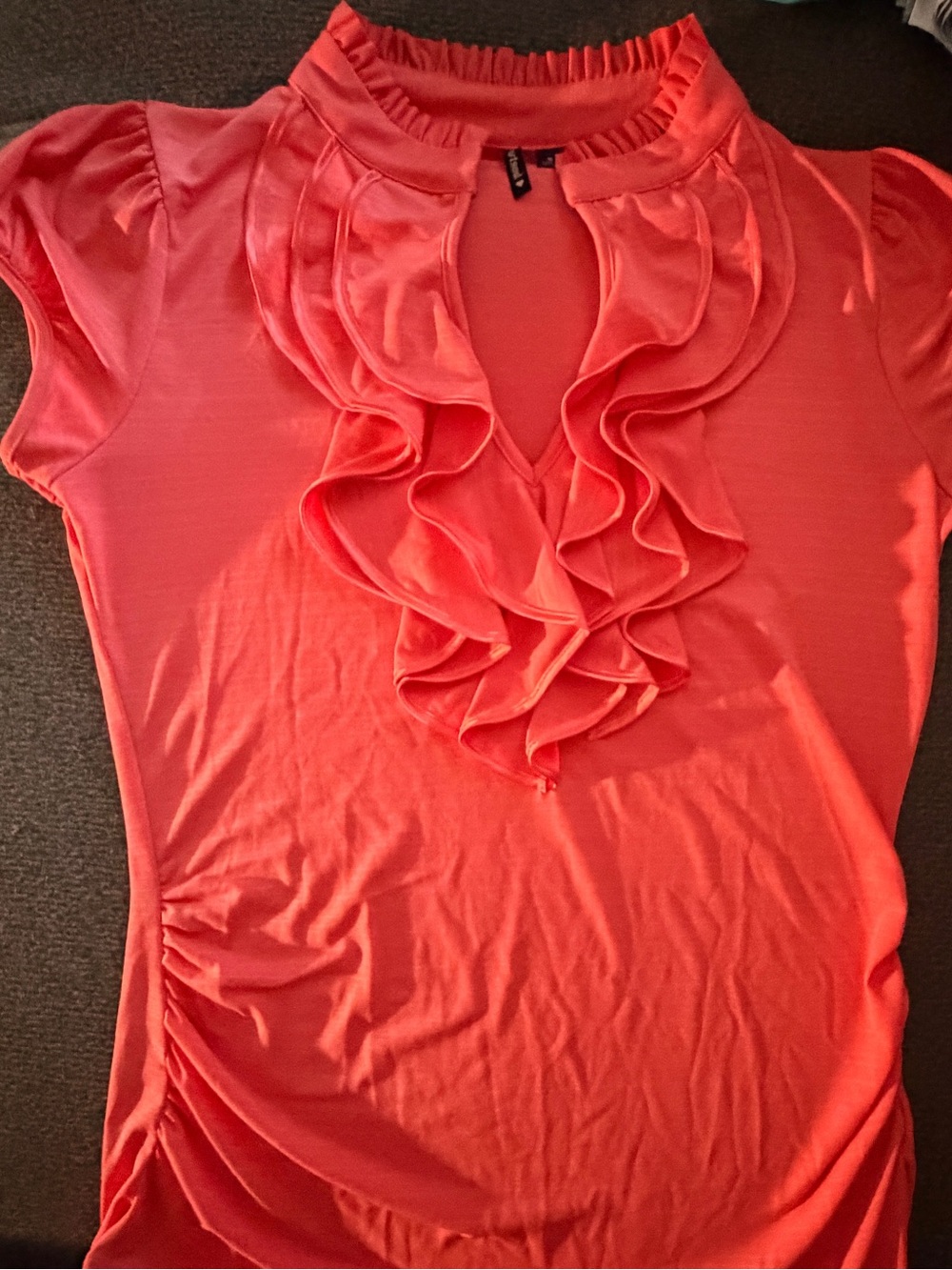 HeartSoul Coral Ruffle V-Neck Short Sleeve Blouse